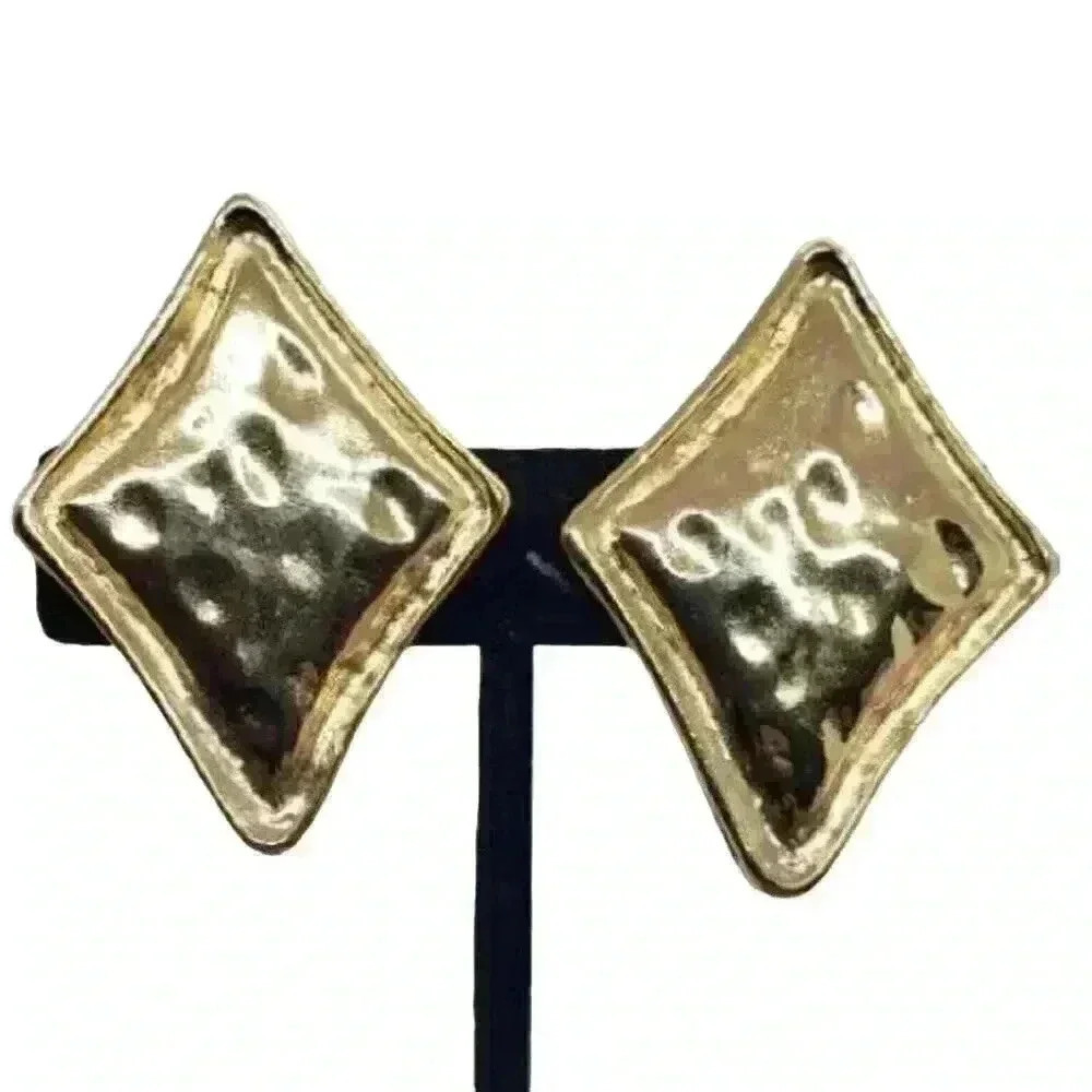 GIVENCHY Earrings Giant Statement Diamond Shaped Gold Wavy Clip Vintage Chunky